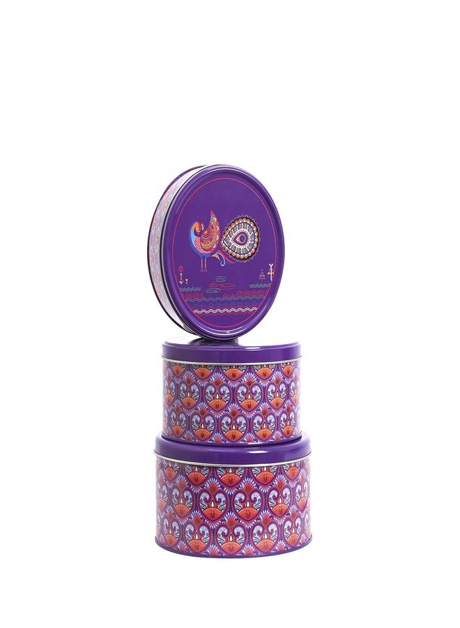 GLISTENDECOR Circular Tin Storage Box | Airtight Metal Containers for Cookies, Biscuits | Multipurpose Kitchen Organizer for Beads, Buttons & Essentials | Durable & Decorative - Pack of 3 (Purple) - Image 3